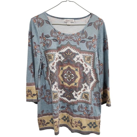 Coldwater Creek Womens Blue Aztec Print Tunic Top Size Small Flare Sleeve Knit - Picture 1 of 7